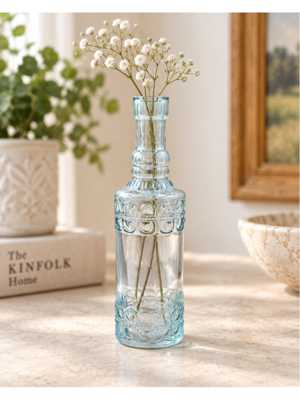 1970s Vintage Clear Pressed Glass Decorative Bottle 6.5” Geometric Bud Vase